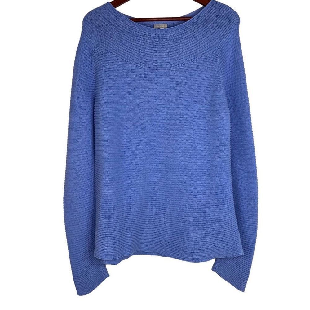 Talbots Womens Blue Ribbed Knit Sweater w Boat Neckline Large 100% Cotton